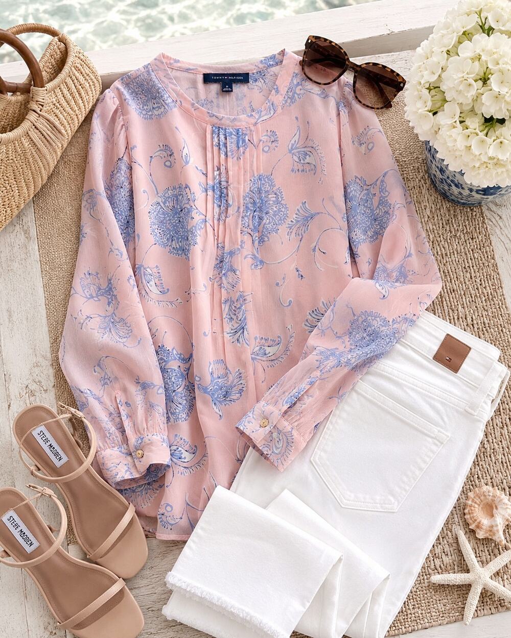 Tommy Hilfiger Pink & Blue Floral Sheer Blouse Medium